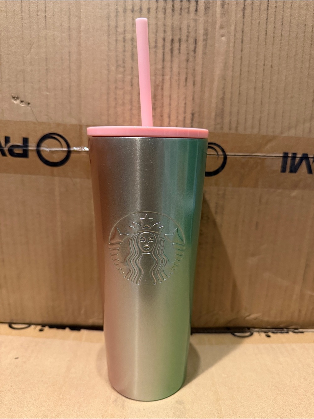 Starbucks Silver Ombre Tumbler with Pink Lid and Straw